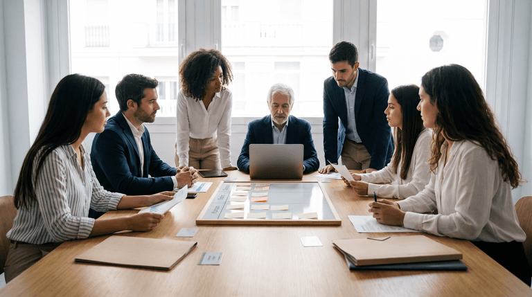 Equipo revisando tareas y documentación en una mesa de trabajo