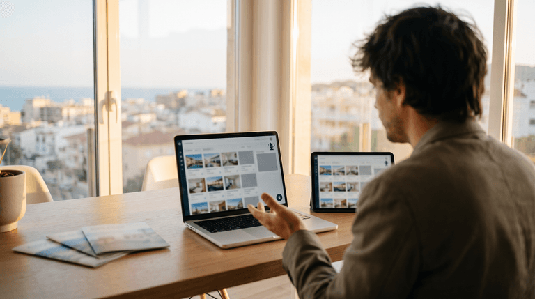 Oficina inmobiliaria con portátil y tablet mostrando un CRM genérico de propiedades, con una persona desenfocada de espaldas.