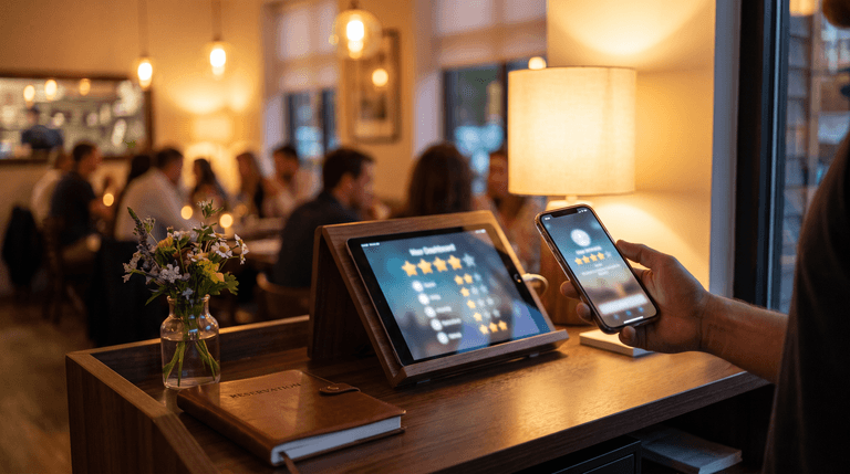 Mostrador de madera de restaurante, una tableta con una pantalla de valoraciones y estrellas, un teléfono en una mano, un jarrón con flores silvestres, un cuaderno de reservas de piel, una lámpara de mesa encendida y un comedor desenfocado con clientes al fondo.