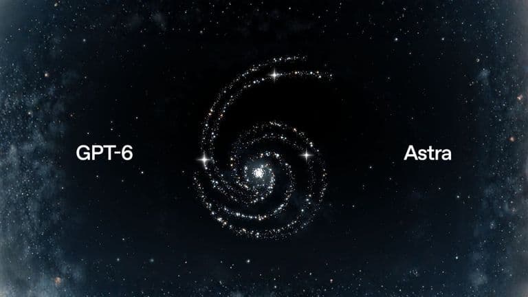 Galaxia espiral de estrellas sobre un fondo negro, con el texto GPT-6 a la izquierda y el texto Astra a la derecha.