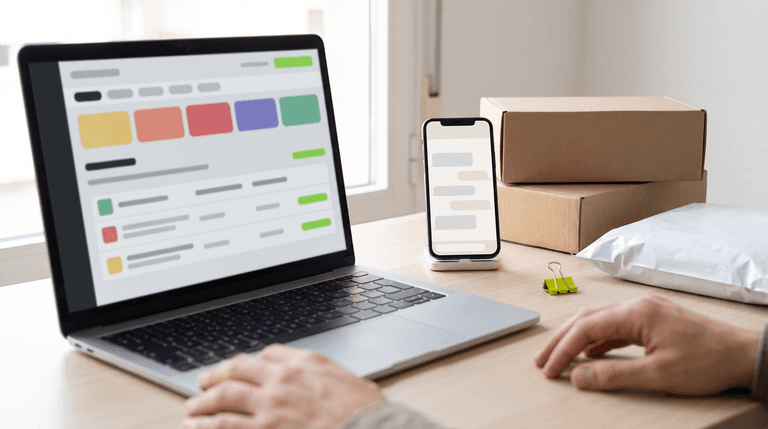 Mesa de trabajo de ecommerce con móvil mostrando una conversación de atención al cliente y un portátil con panel de pedidos, sin texto legible.